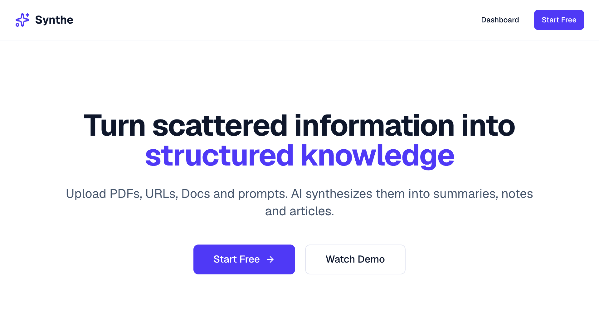 Synthe knowledge workspace — multi-source upload, AI synthesis, and editable output