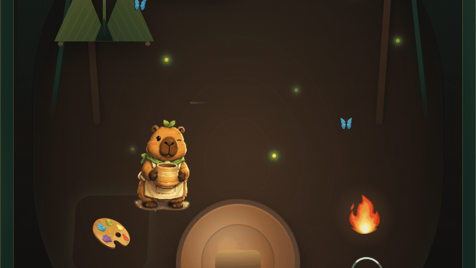 Capybara Pottery Workshop — rainforest scene, pottery area, and snack shop